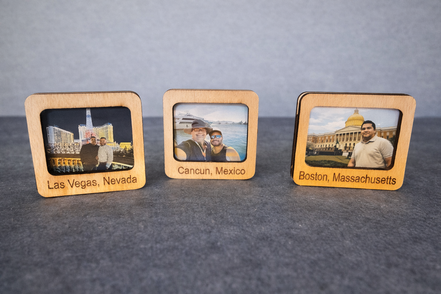 Custom Engraved Mini Travel Keepsake Gift Small personalized wood travel photo frame desk decor